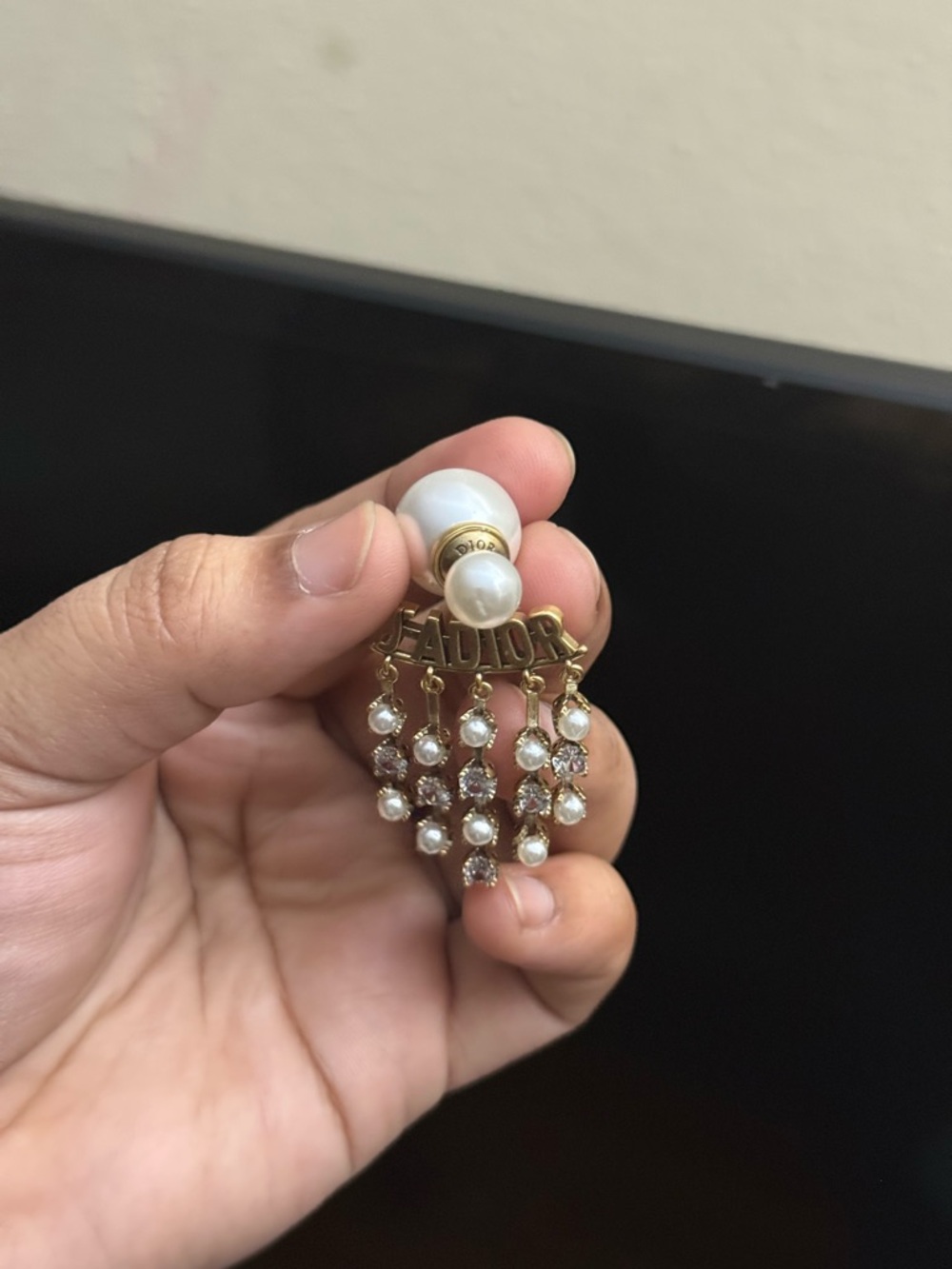 Gold-tone Pearl and Crystal Fringe Earrings - Picture 7 of 7